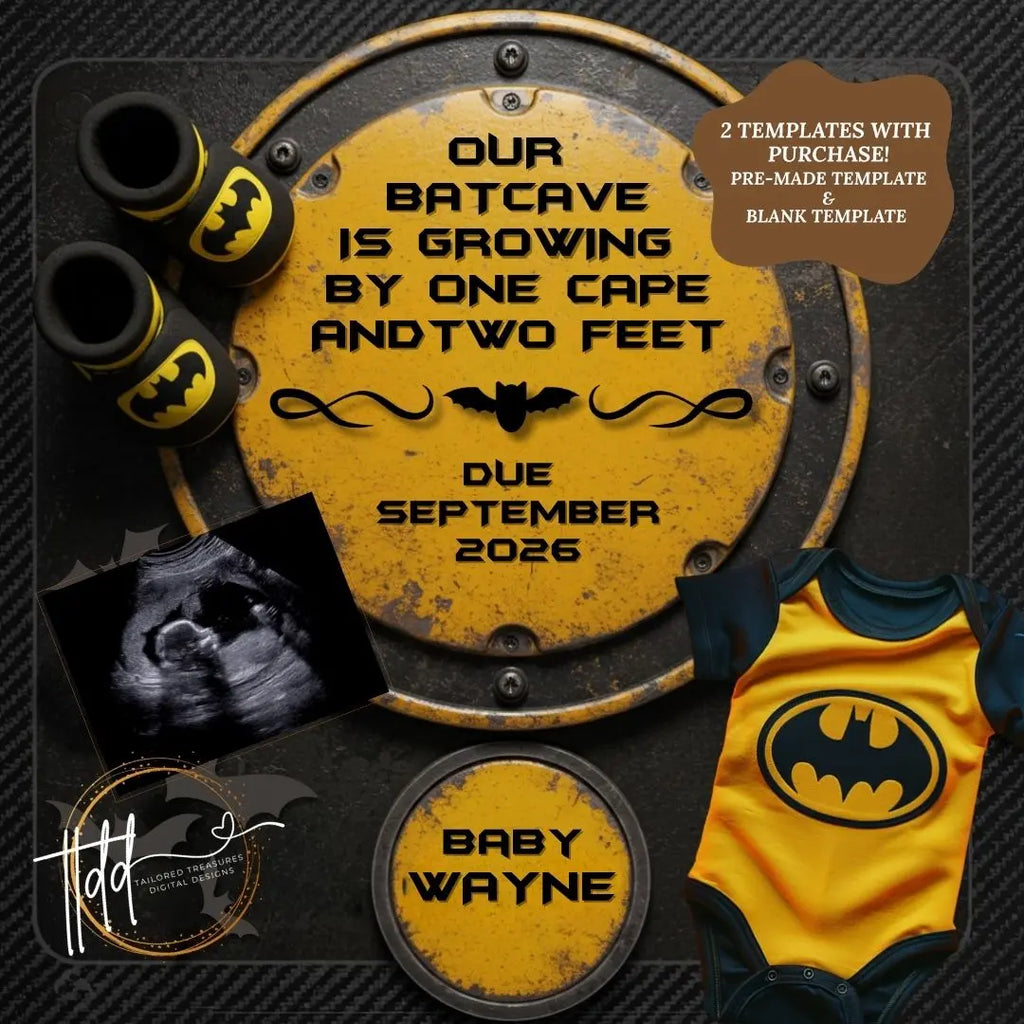 Digital Batman Pregnancy Announcement, Customizable Superhero Themed, Personalized Editable Template TailoredTreasuresDigitalDesigns™