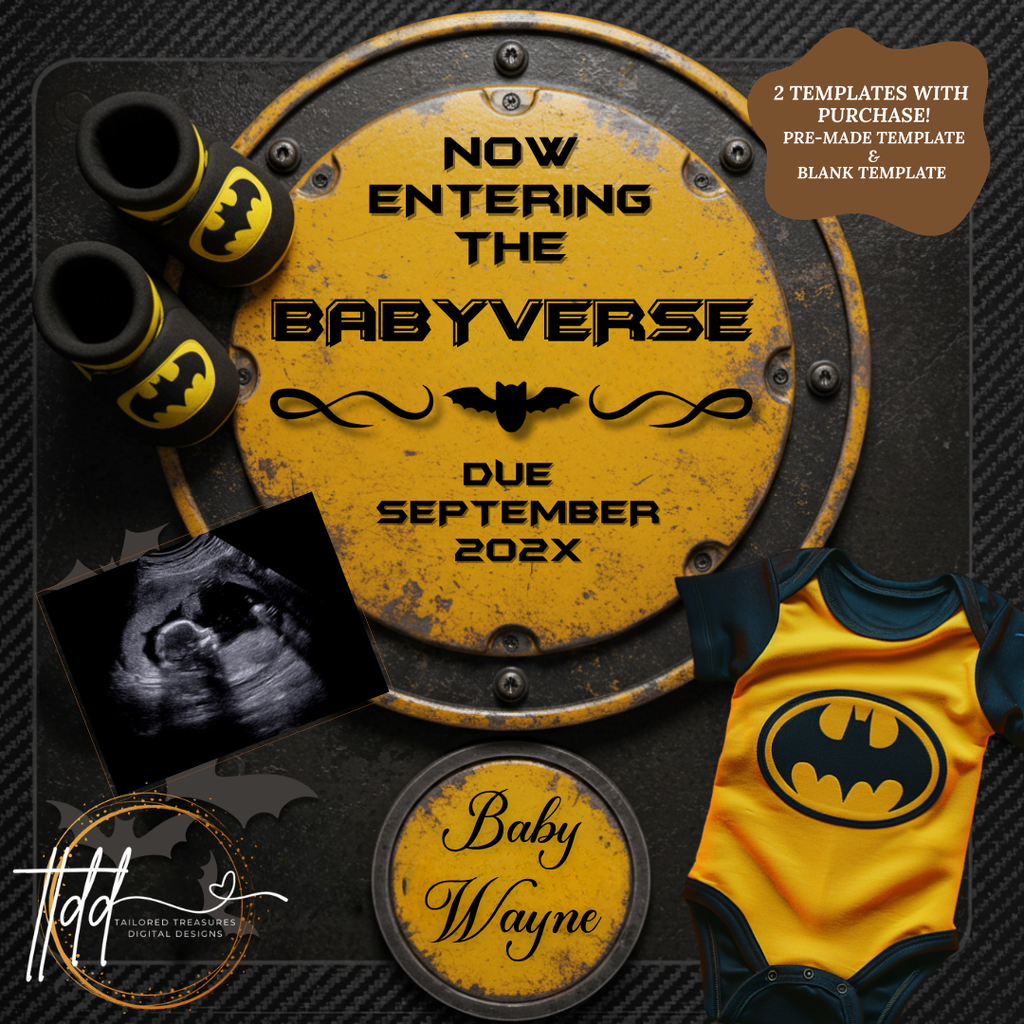 Batman Superhero Baby Reveal Digital Editable Template, Canva Instant Download, Gender Neutral Social Media Pregnancy Announcement