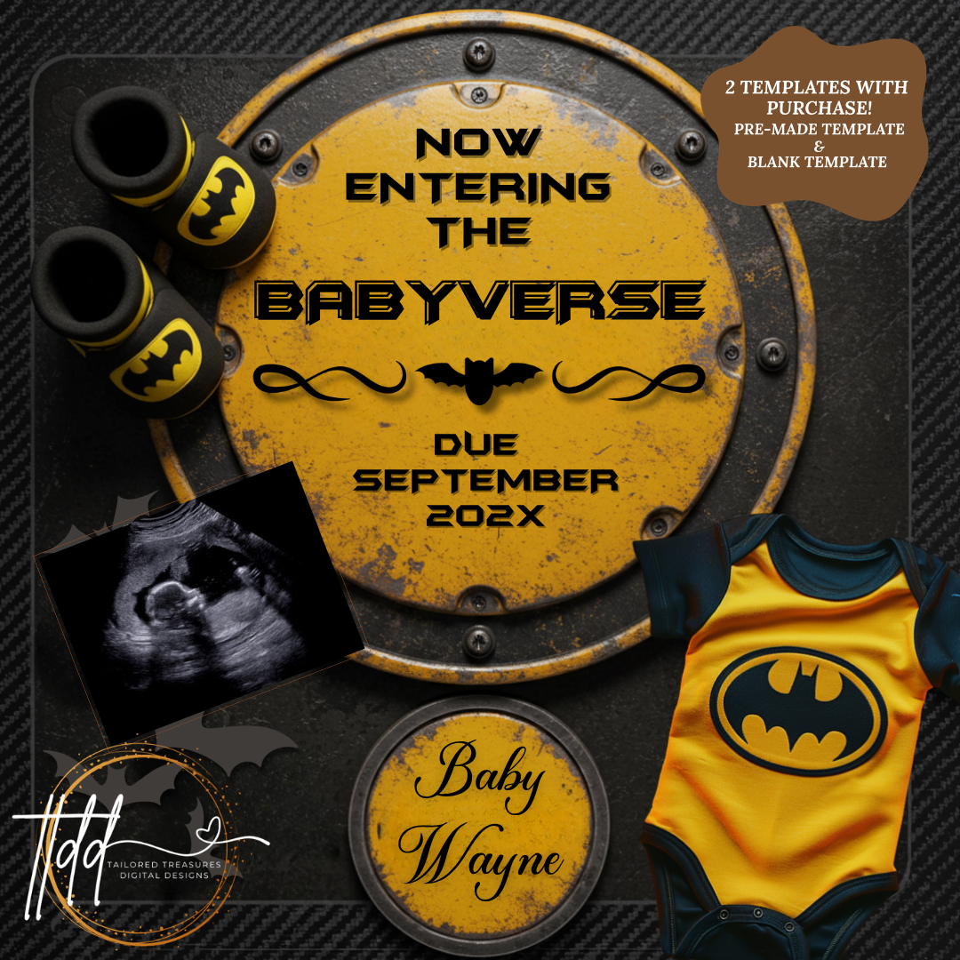 Batman Superhero Baby Reveal Digital Editable Template, Canva Instant Download, Gender Neutral Social Media Pregnancy Announcement