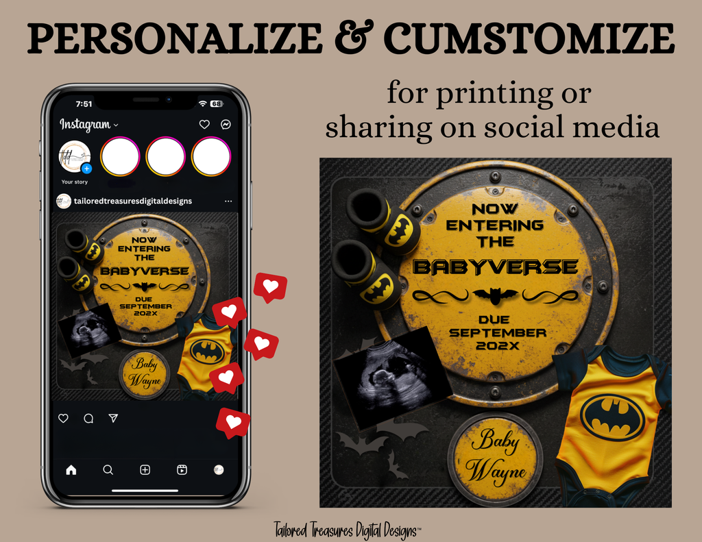 Batman Superhero Baby Reveal Digital Editable Template, Canva Instant Download, Gender Neutral Social Media Pregnancy Announcement