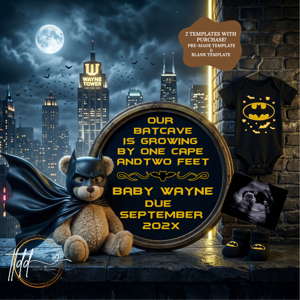 Batman Gotham City Baby Reveal Template, Editable Canva Gender Neutral Social Media Pregnancy Announcement