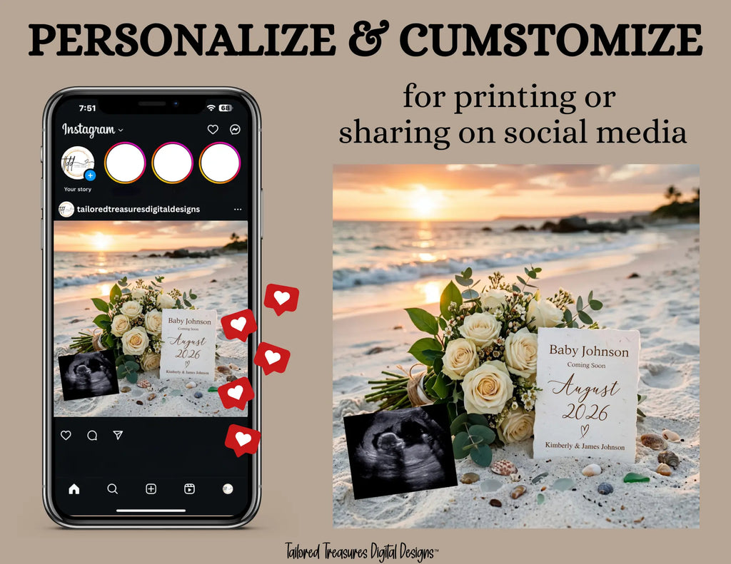 Simple Modern Beach, Digital Pregnancy Announcement, Gender Neutral Customizable Summer Themed, Canva Instant Download Editable Template - TailoredTreasuresDigitalDesigns™