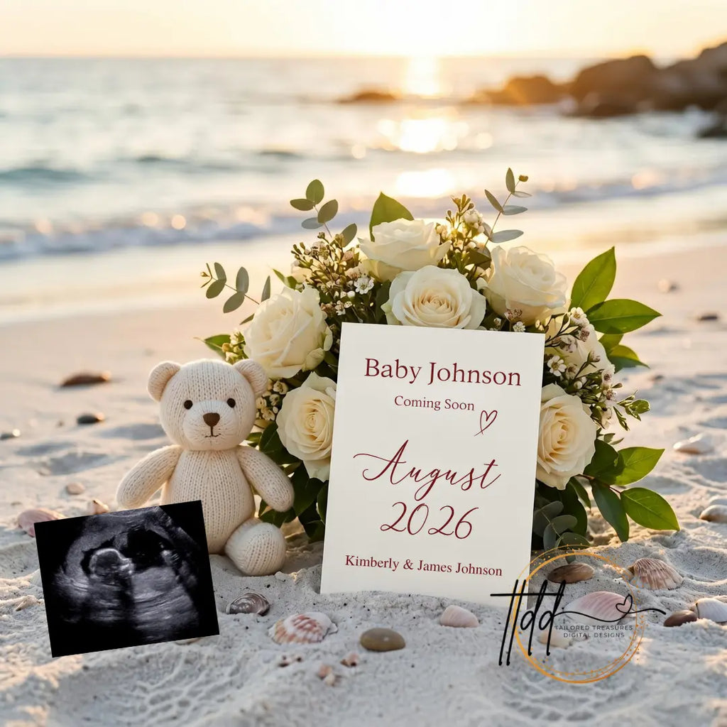Simple Modern Beach, Digital Pregnancy Announcement, Customizable Summer Themed, Gender Neutral ,Canva Instant Download Editable Template - TailoredTreasuresDigitalDesigns™
