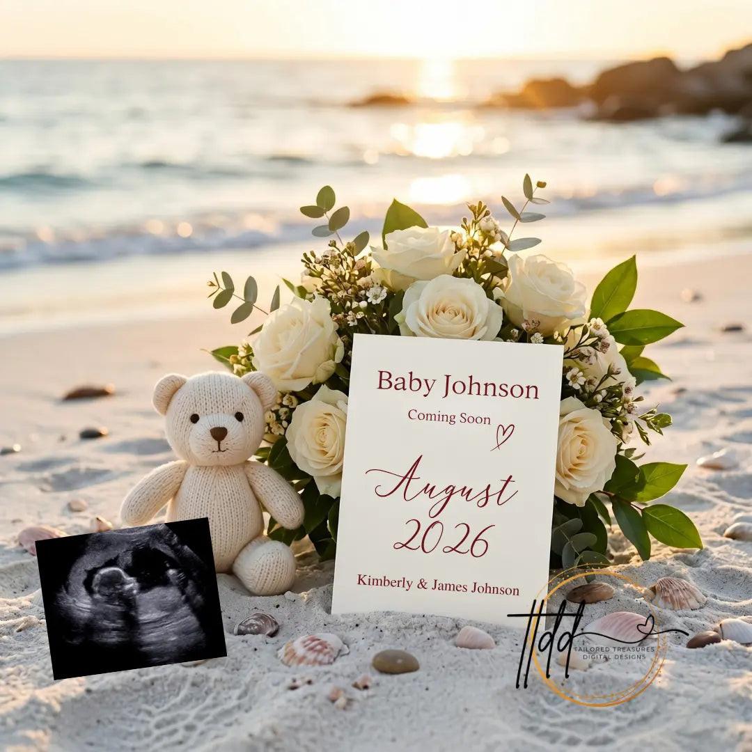 Simple Modern Beach, Digital Pregnancy Announcement, Customizable Summer Themed, Gender Neutral ,Canva Instant Download Editable Template - TailoredTreasuresDigitalDesigns™