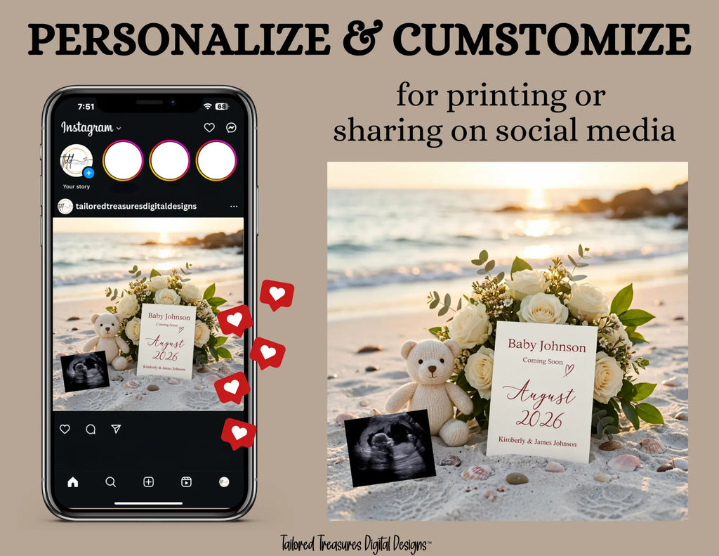 Simple Modern Beach, Digital Pregnancy Announcement, Customizable Summer Themed, Gender Neutral ,Canva Instant Download Editable Template - TailoredTreasuresDigitalDesigns™