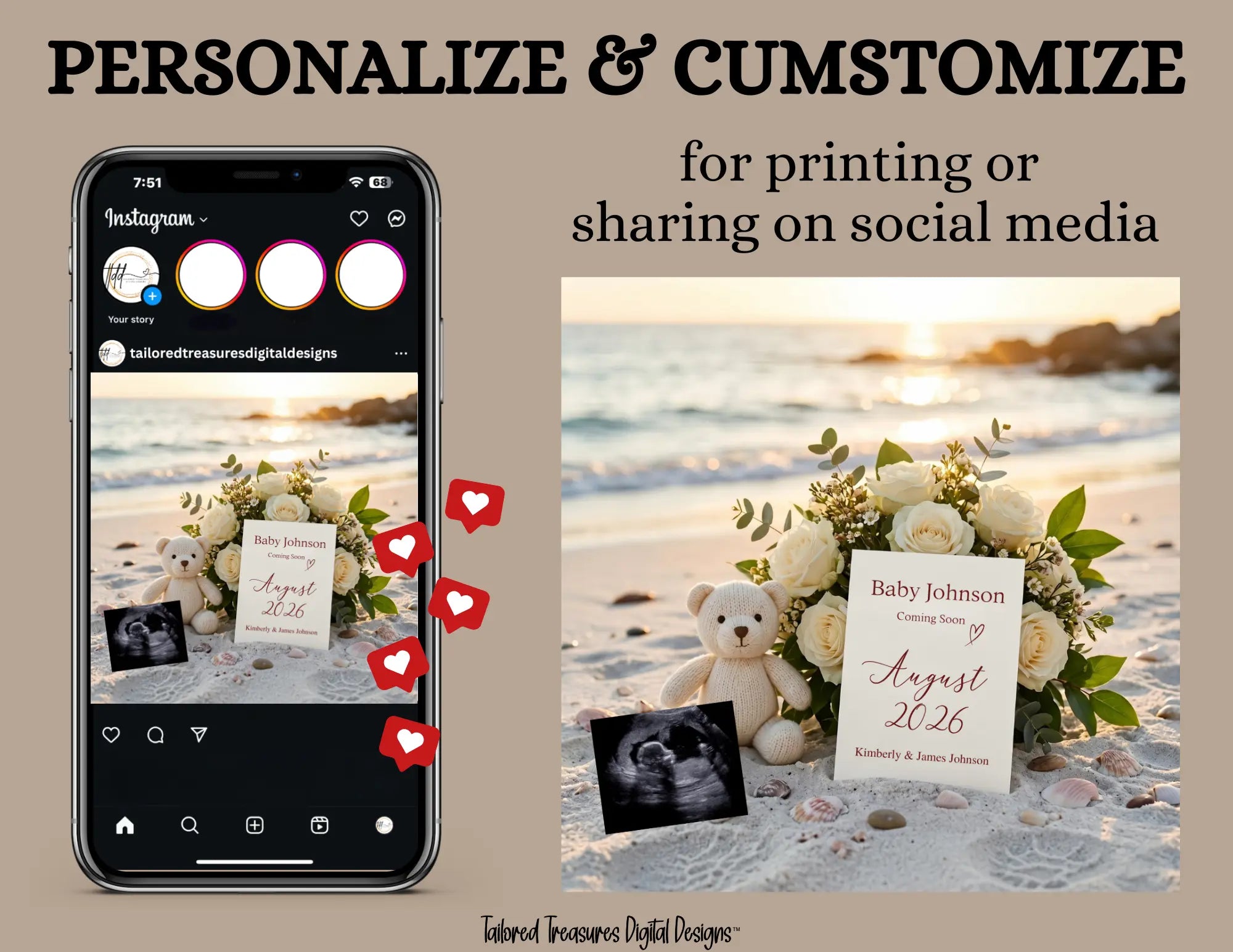 Simple Modern Beach, Digital Pregnancy Announcement, Customizable Summer Themed, Gender Neutral ,Canva Instant Download Editable Template - TailoredTreasuresDigitalDesigns™