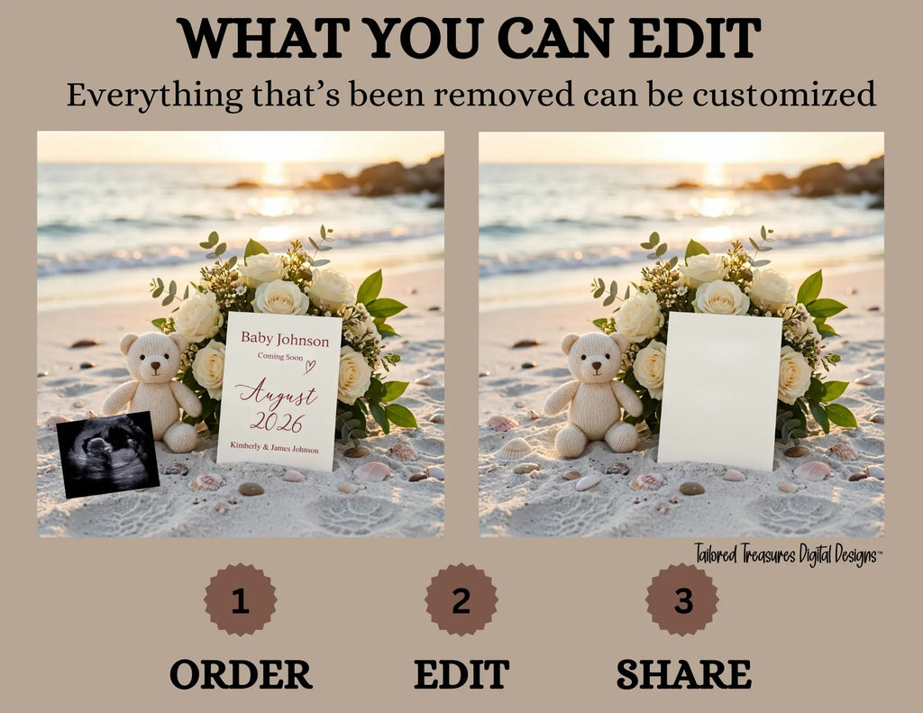 Simple Modern Beach, Digital Pregnancy Announcement, Customizable Summer Themed, Gender Neutral ,Canva Instant Download Editable Template - TailoredTreasuresDigitalDesigns™