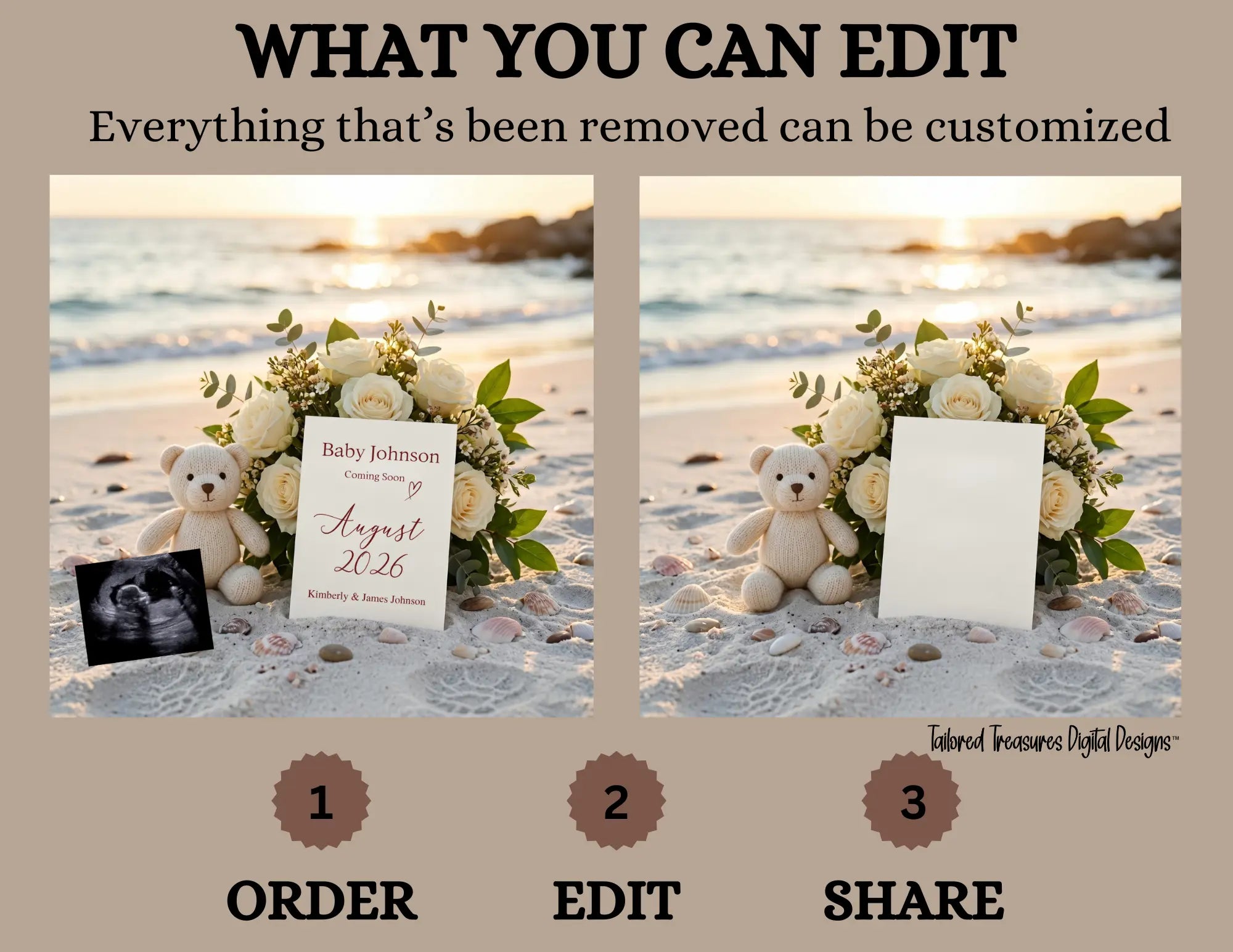 Simple Modern Beach, Digital Pregnancy Announcement, Customizable Summer Themed, Gender Neutral ,Canva Instant Download Editable Template - TailoredTreasuresDigitalDesigns™