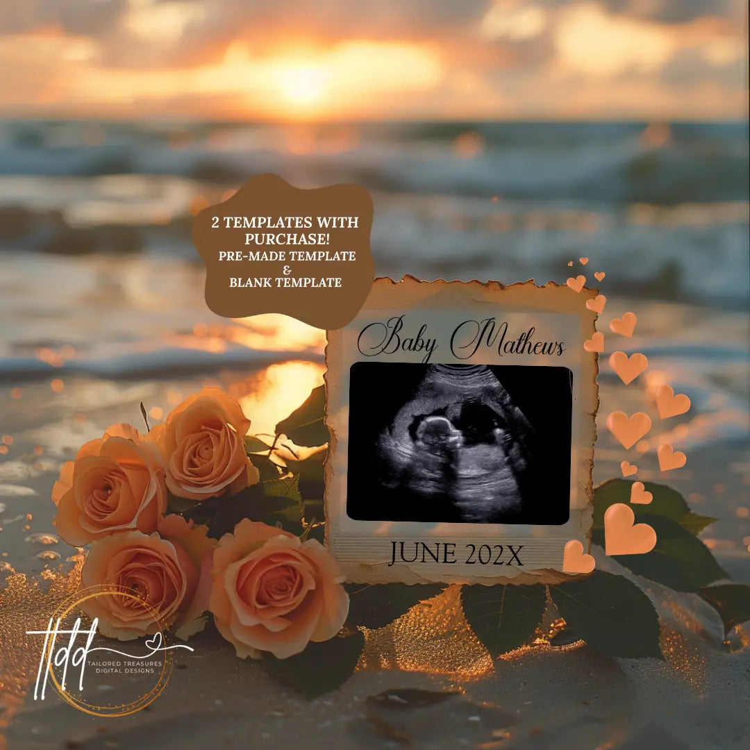 Elegant Beach Sunset, Gender Neutral, Digital Pregnancy Announcement, Customizable Summer Themed, Canva Instant Download Editable Template - TailoredTreasuresDigitalDesigns™
