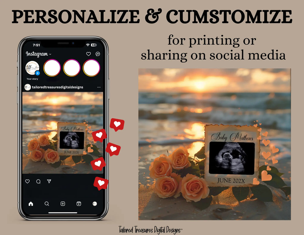 Elegant Beach Sunset, Gender Neutral, Digital Pregnancy Announcement, Customizable Summer Themed, Canva Instant Download Editable Template - TailoredTreasuresDigitalDesigns™