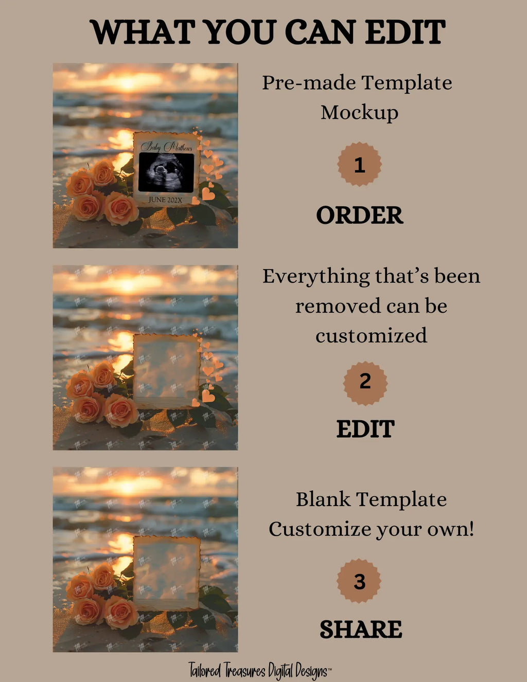 Elegant Beach Sunset, Gender Neutral, Digital Pregnancy Announcement, Customizable Summer Themed, Canva Instant Download Editable Template - TailoredTreasuresDigitalDesigns™