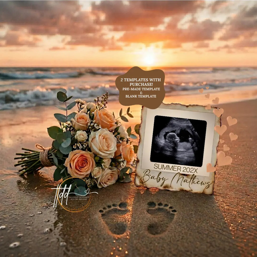 Sunset Beach, Digital Pregnancy Announcement, Gender Neutral, Customizable Summer Themed, Canva Instant Download Editable Template - TailoredTreasuresDigitalDesigns™
