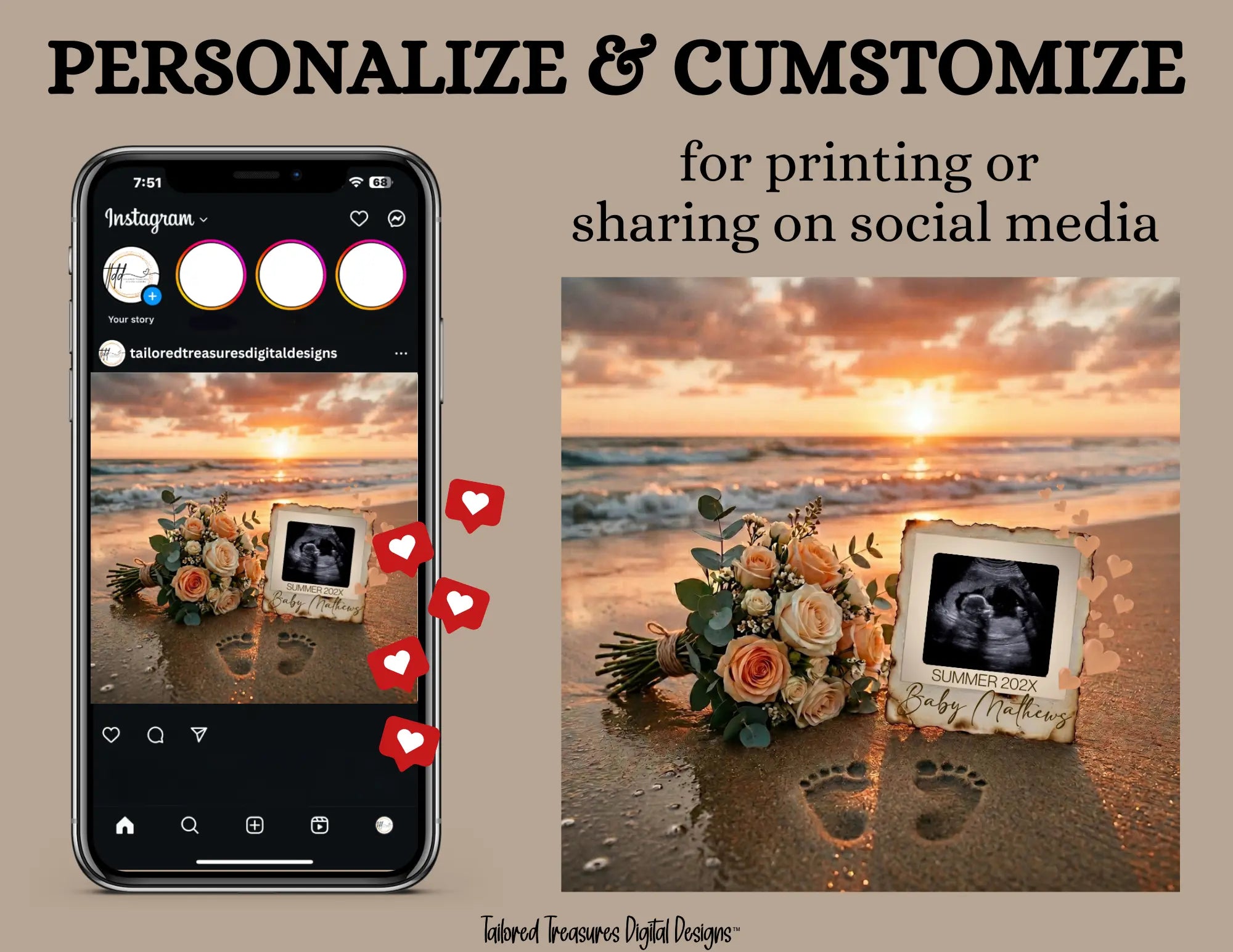 Sunset Beach, Digital Pregnancy Announcement, Gender Neutral, Customizable Summer Themed, Canva Instant Download Editable Template - TailoredTreasuresDigitalDesigns™
