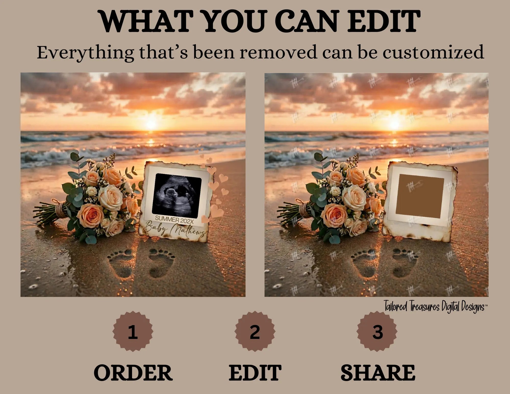 Sunset Beach, Digital Pregnancy Announcement, Gender Neutral, Customizable Summer Themed, Canva Instant Download Editable Template - TailoredTreasuresDigitalDesigns™