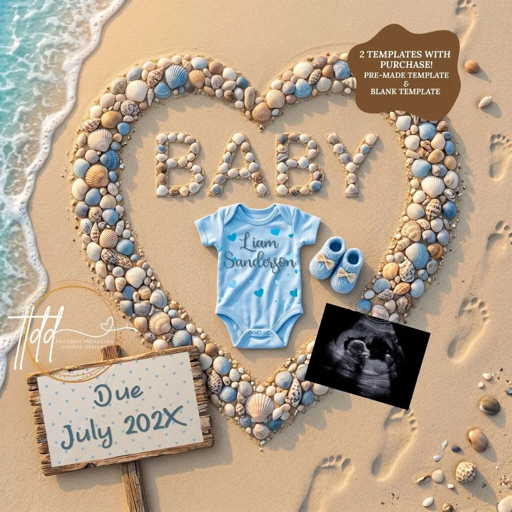 Baby Surname, Digital Pregnancy Announcement, Customizable Ocean Beach Themed, Canva Instant Download Editable Template TailoredTreasuresDigitalDesigns™