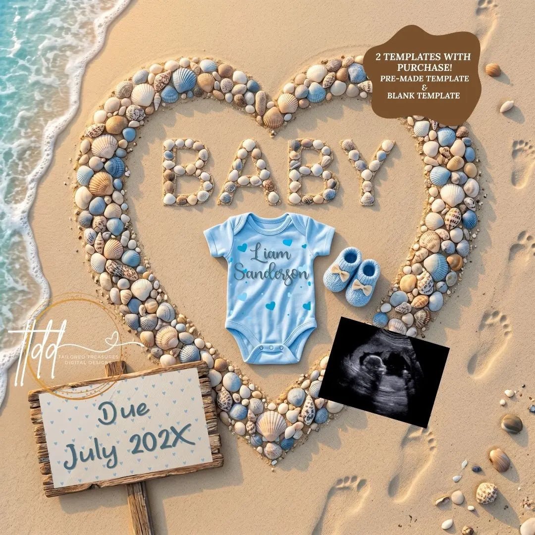 Baby Surname, Digital Pregnancy Announcement, Customizable Ocean Beach Themed, Canva Instant Download Editable Template TailoredTreasuresDigitalDesigns™