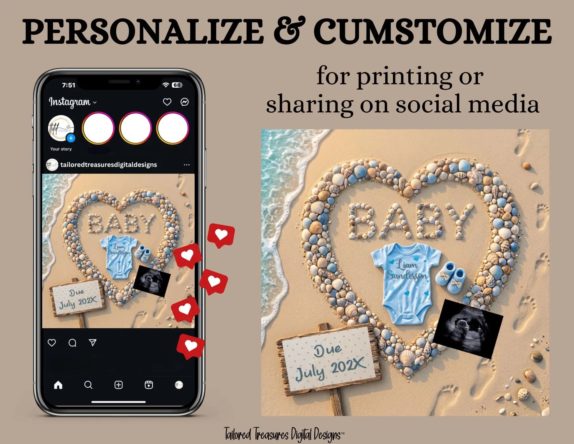 Baby Surname, Digital Pregnancy Announcement, Customizable Ocean Beach Themed, Canva Instant Download Editable Template TailoredTreasuresDigitalDesigns™