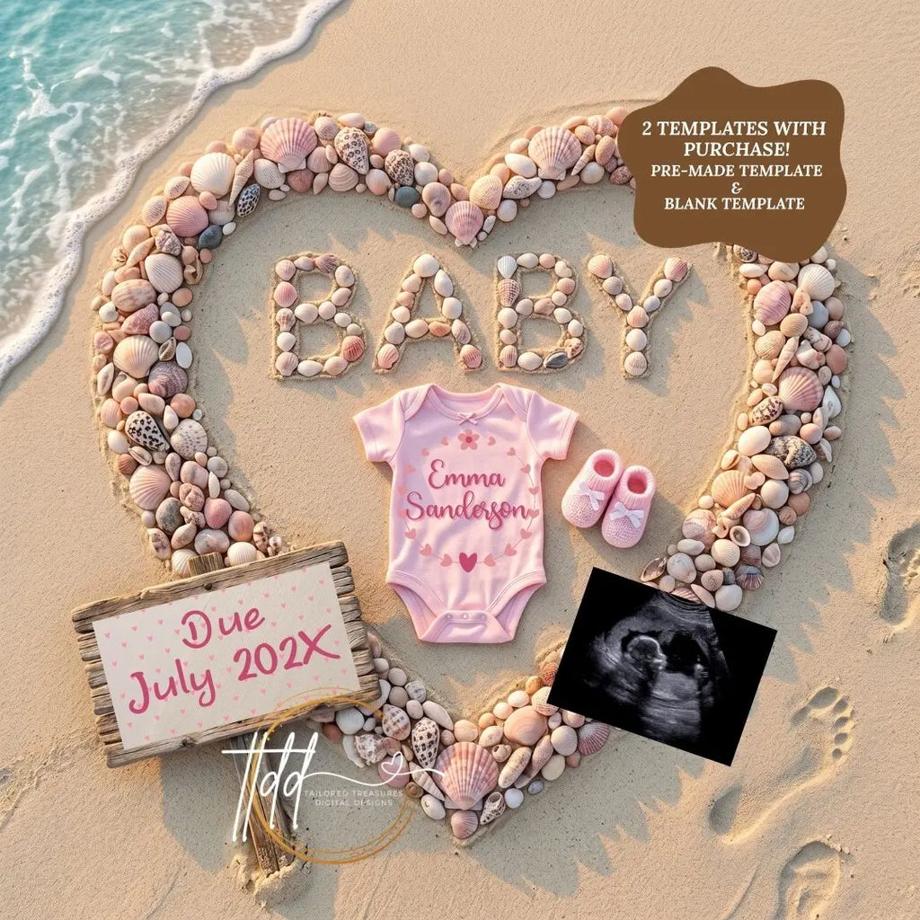 Baby Surname, Digital Pregnancy Announcement, Customizable Beach Ocean Themed, Canva Instant Download Editable Template TailoredTreasuresDigitalDesigns™