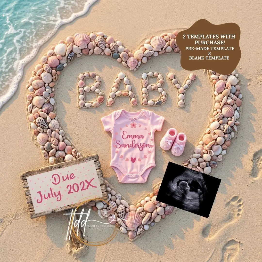Baby Surname, Digital Pregnancy Announcement, Customizable Beach Ocean Themed, Canva Instant Download Editable Template TailoredTreasuresDigitalDesigns™