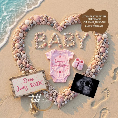 Baby Surname, Digital Pregnancy Announcement, Customizable Beach Ocean Themed, Canva Instant Download Editable Template TailoredTreasuresDigitalDesigns™