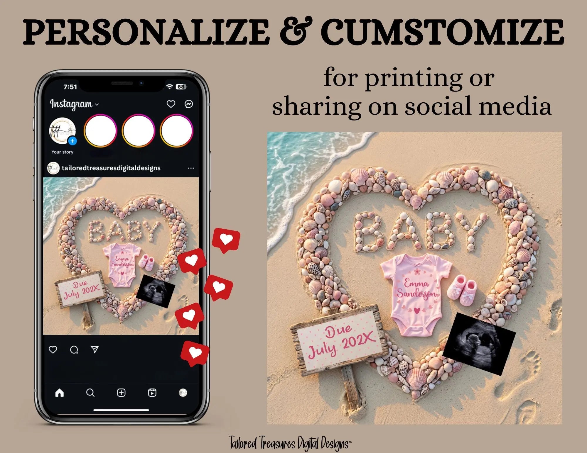 Baby Surname, Digital Pregnancy Announcement, Customizable Beach Ocean Themed, Canva Instant Download Editable Template TailoredTreasuresDigitalDesigns™