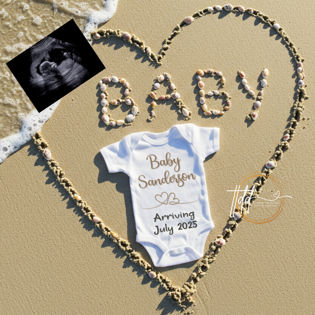 Digital Sea Shell Pregnancy Announcement, Baby Surname, Customizable Beach Themed, Personalized Editable Template TailoredTreasuresDigitalDesigns™