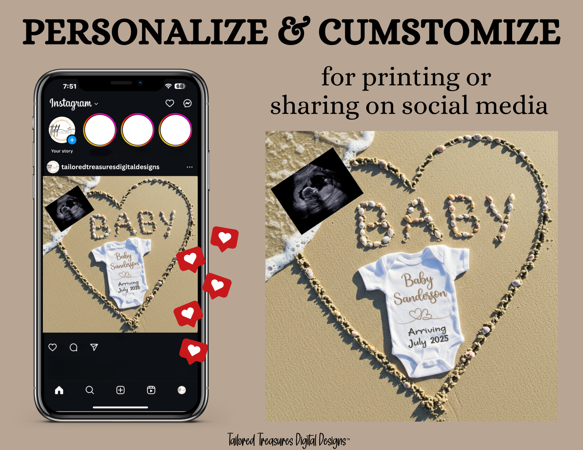 Digital Sea Shell Pregnancy Announcement, Baby Surname, Customizable Beach Themed, Personalized Editable Template TailoredTreasuresDigitalDesigns™