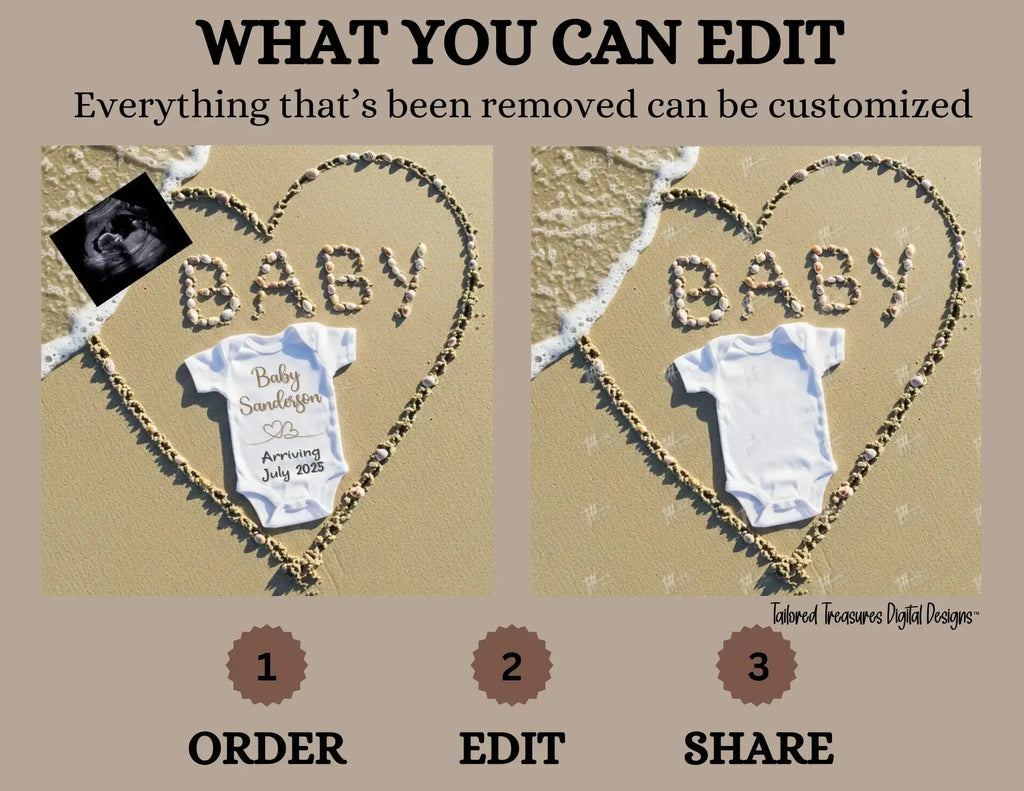 Digital Sea Shell Pregnancy Announcement, Baby Surname, Customizable Beach Themed, Personalized Editable Template TailoredTreasuresDigitalDesigns™