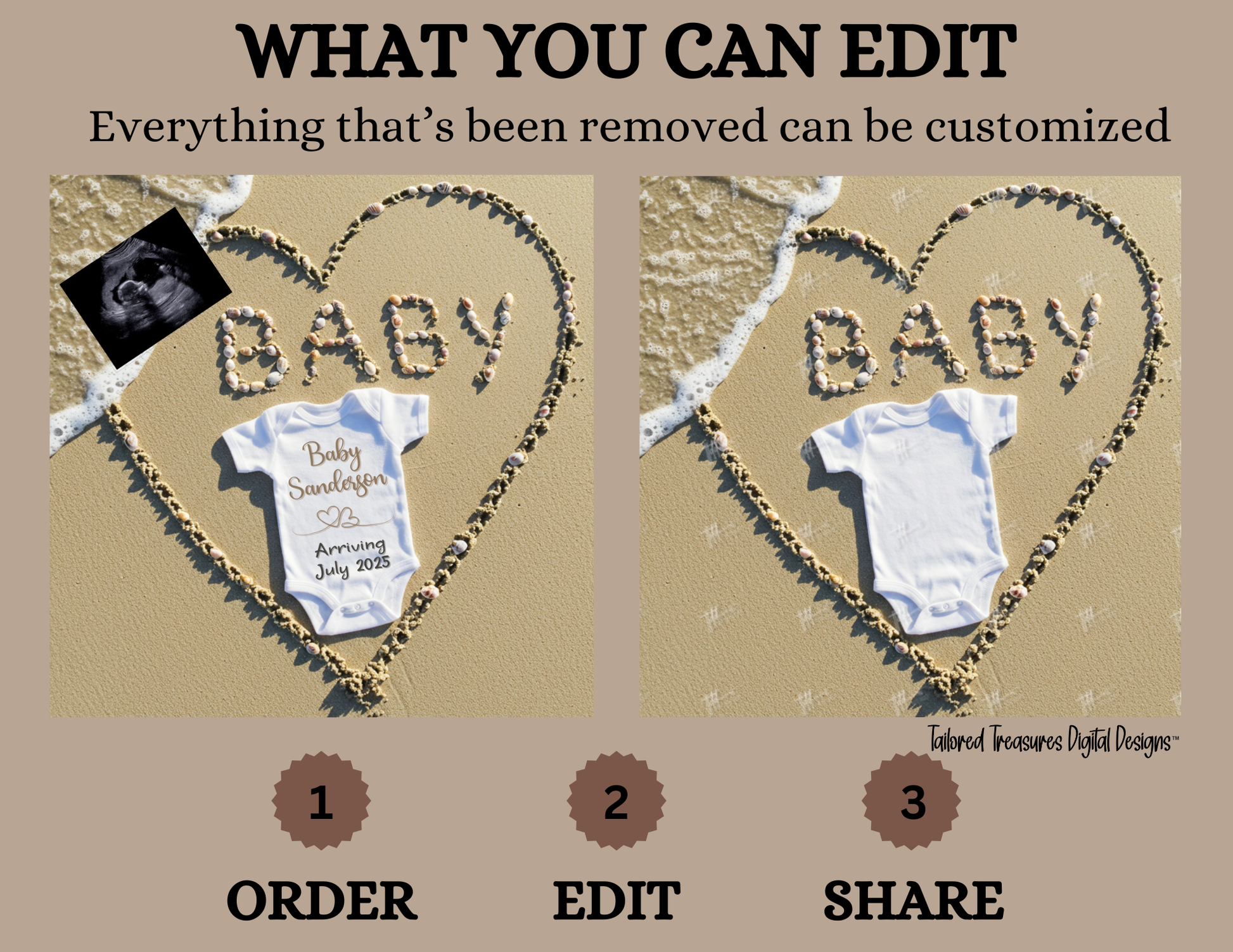 Digital Sea Shell Pregnancy Announcement, Baby Surname, Customizable Beach Themed, Personalized Editable Template TailoredTreasuresDigitalDesigns™