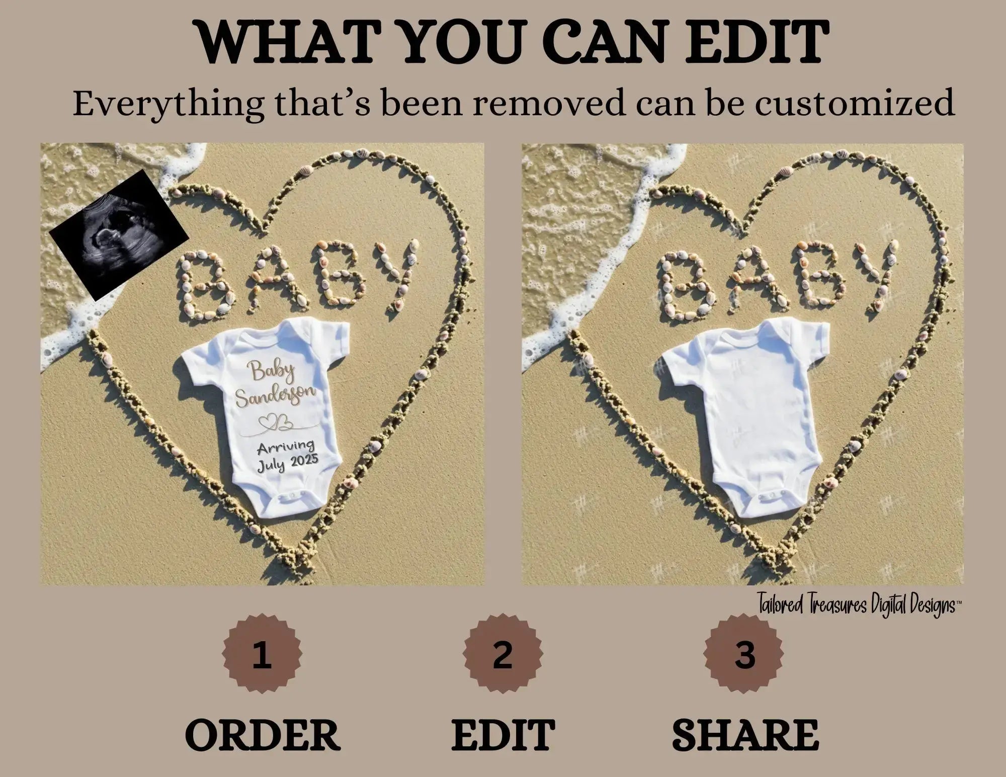 Digital Sea Shell Pregnancy Announcement, Baby Surname, Customizable Beach Themed, Personalized Editable Template TailoredTreasuresDigitalDesigns™