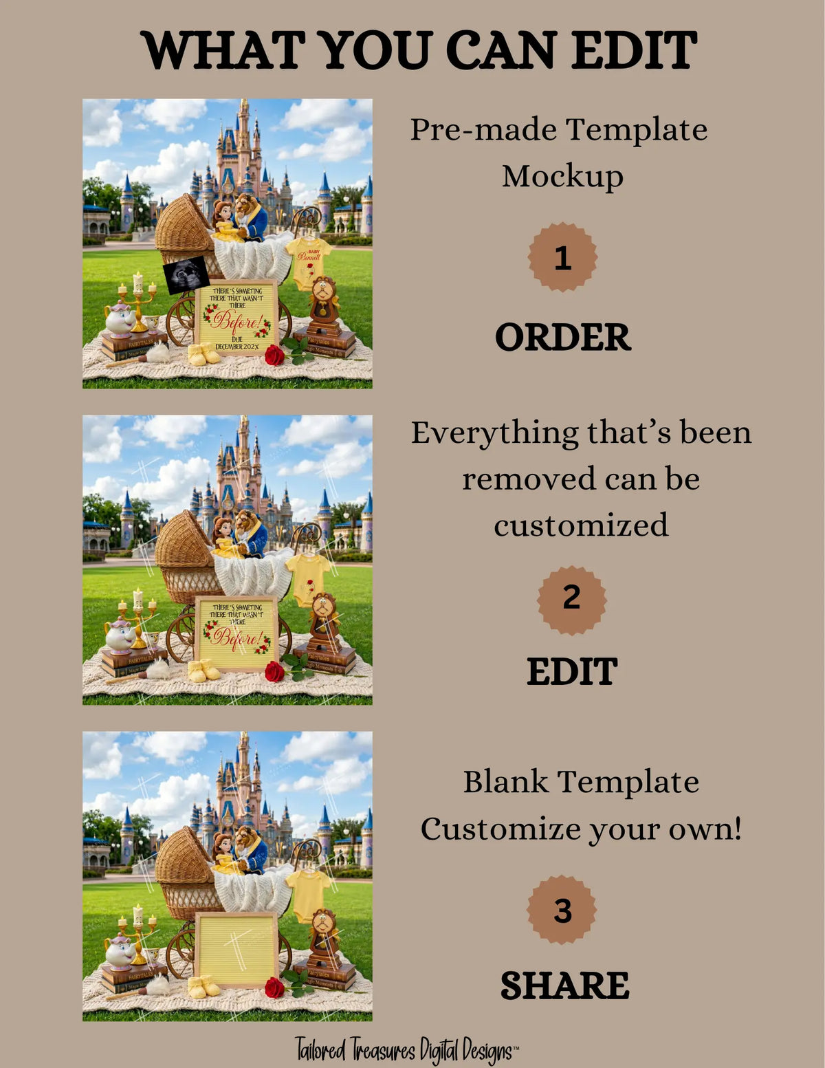Beauty and the Beast Pregnancy Announcement Editable Canva Template TailoredTreasuresDigitalDesigns™