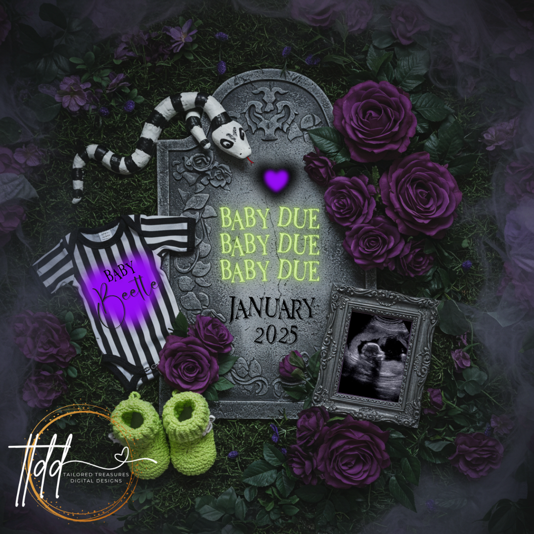 Digital Spooky Pregnancy Announcement, Baby Due, Customizable Beetlejuice Themed, Personalized Editable Template TailoredTreasuresDigitalDesigns™