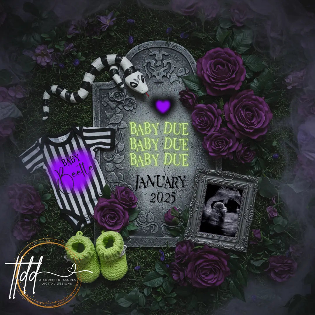 Digital Spooky Pregnancy Announcement, Baby Due, Customizable Beetlejuice Themed, Personalized Editable Template TailoredTreasuresDigitalDesigns™
