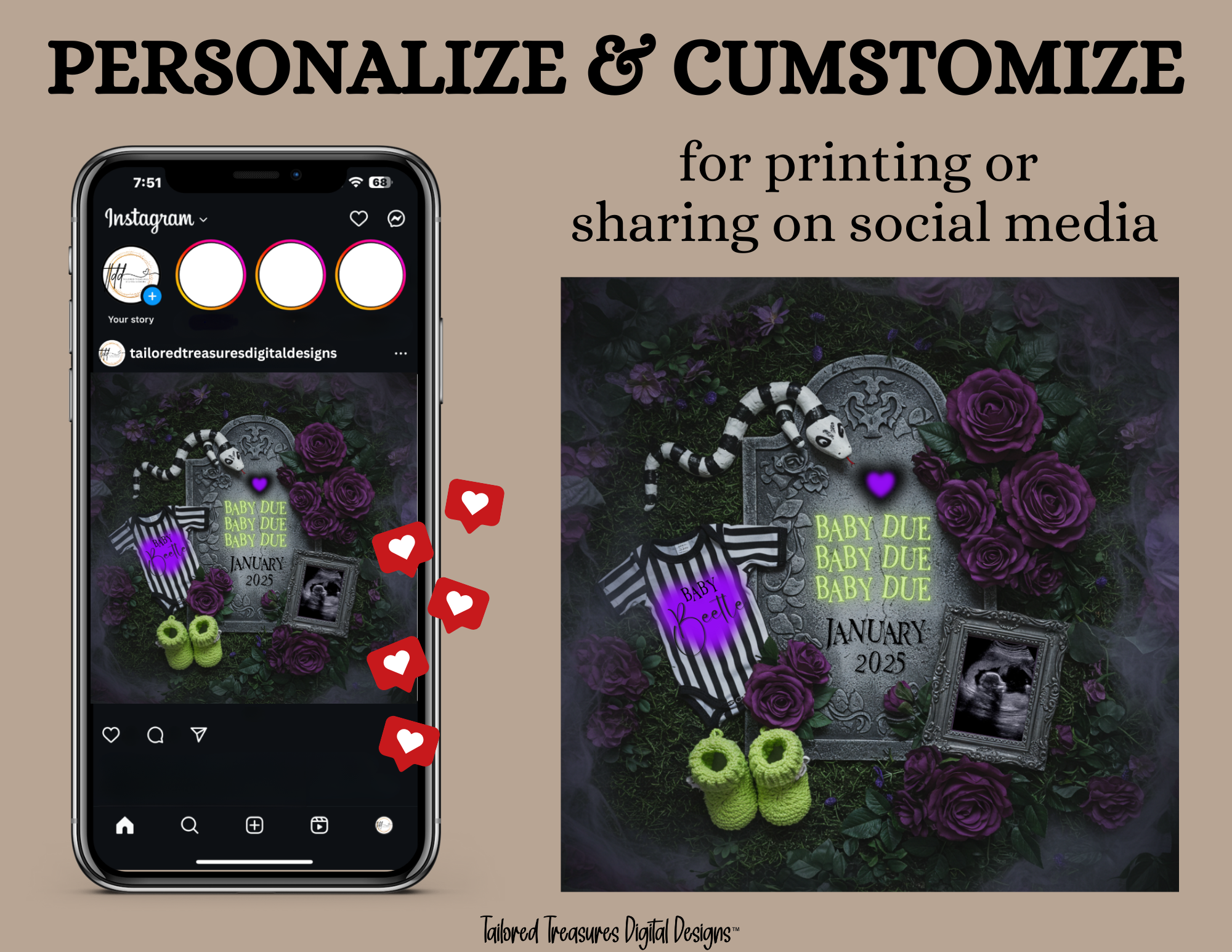 Digital Spooky Pregnancy Announcement, Baby Due, Customizable Beetlejuice Themed, Personalized Editable Template TailoredTreasuresDigitalDesigns™