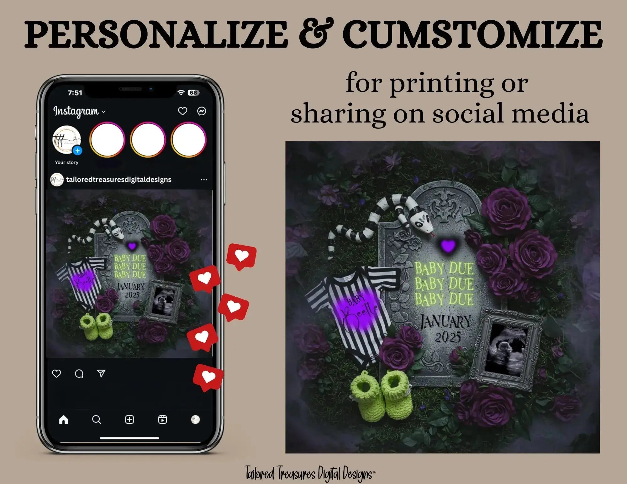 Digital Spooky Pregnancy Announcement, Baby Due, Customizable Beetlejuice Themed, Personalized Editable Template TailoredTreasuresDigitalDesigns™
