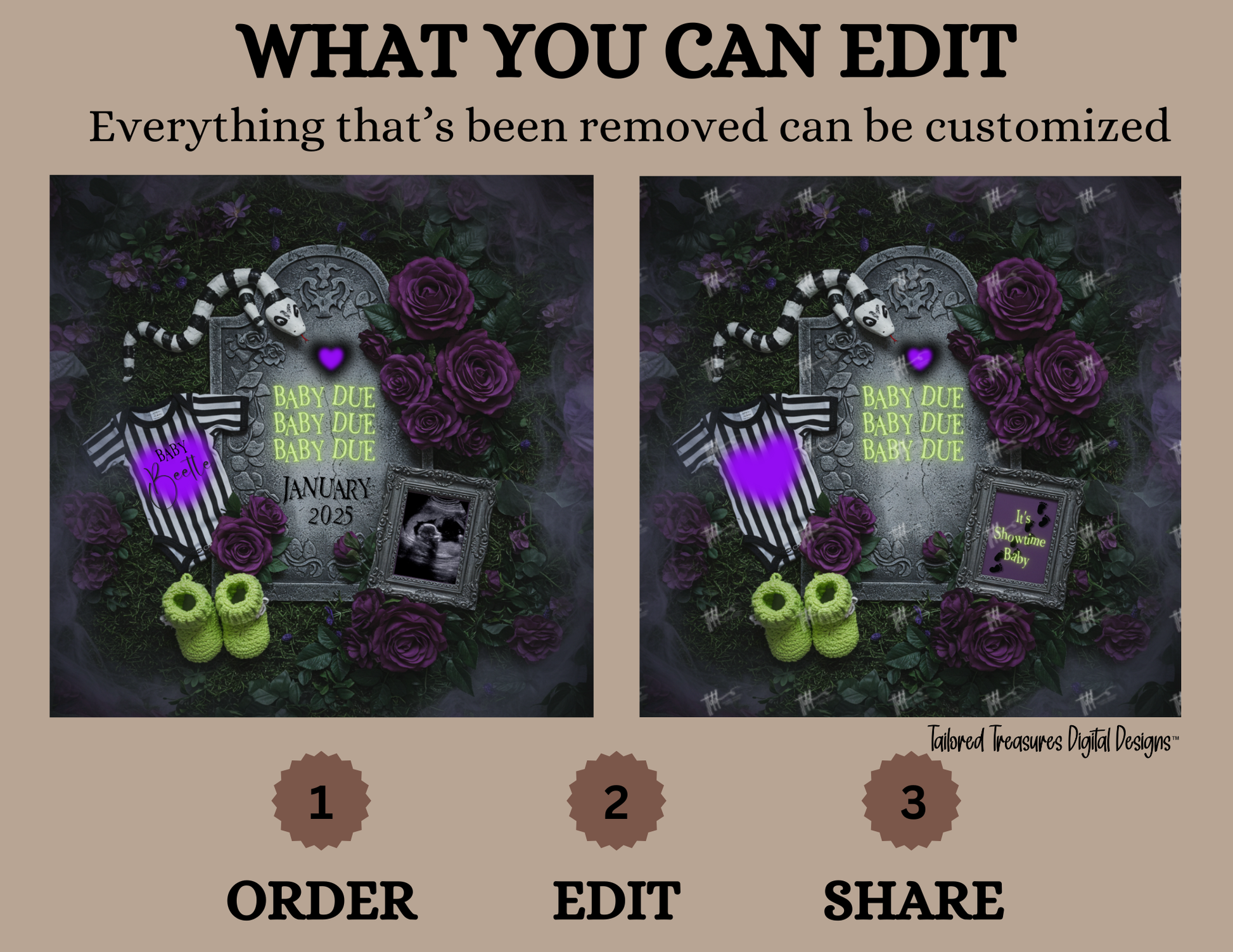 Digital Spooky Pregnancy Announcement, Baby Due, Customizable Beetlejuice Themed, Personalized Editable Template TailoredTreasuresDigitalDesigns™