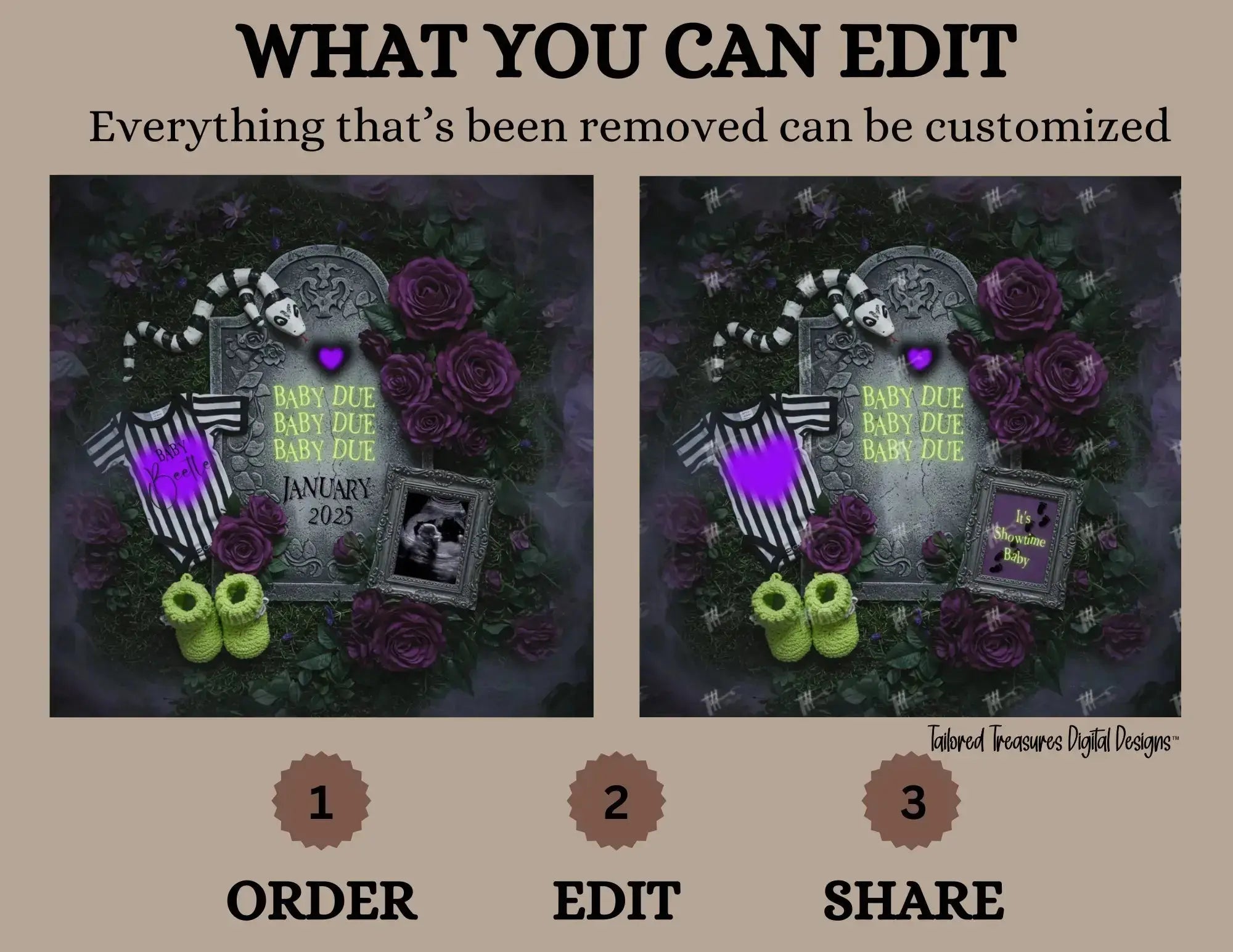 Digital Spooky Pregnancy Announcement, Baby Due, Customizable Beetlejuice Themed, Personalized Editable Template TailoredTreasuresDigitalDesigns™
