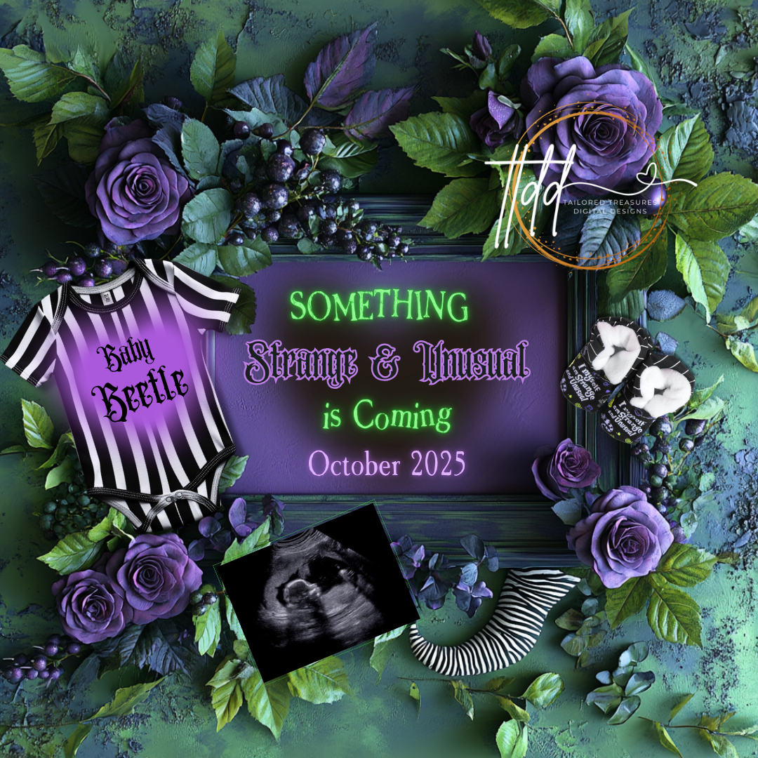 Digital Spooky Pregnancy Announcement, Something Strange & Unusual, Customizable Beetlejuice Themed, Personalized Editable Template TailoredTreasuresDigitalDesigns™