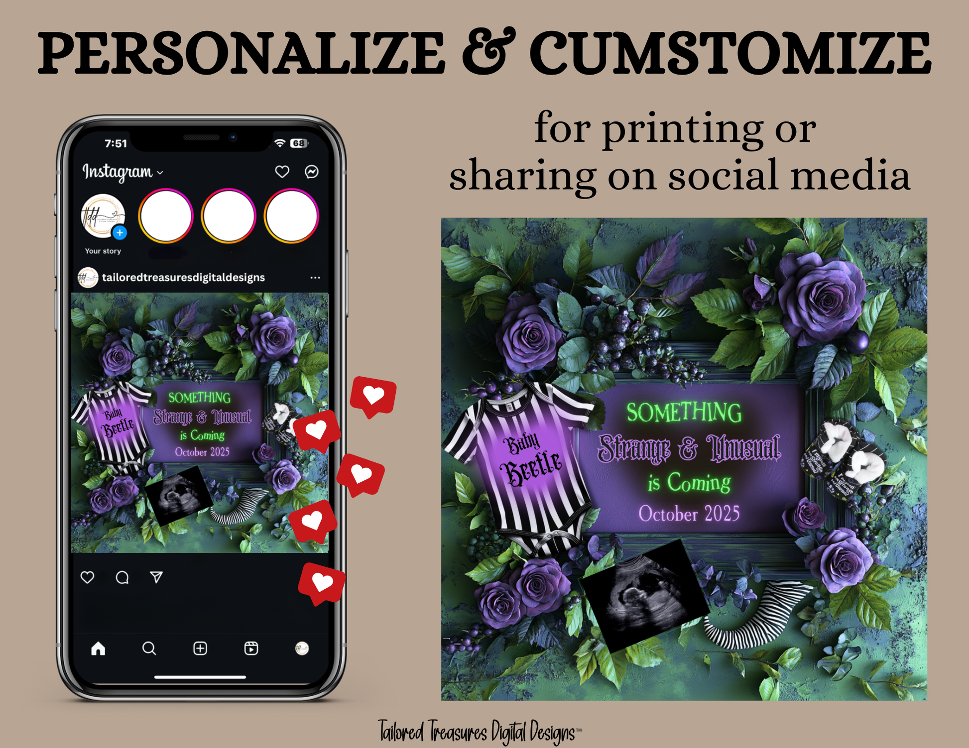 Digital Spooky Pregnancy Announcement, Something Strange & Unusual, Customizable Beetlejuice Themed, Personalized Editable Template TailoredTreasuresDigitalDesigns™