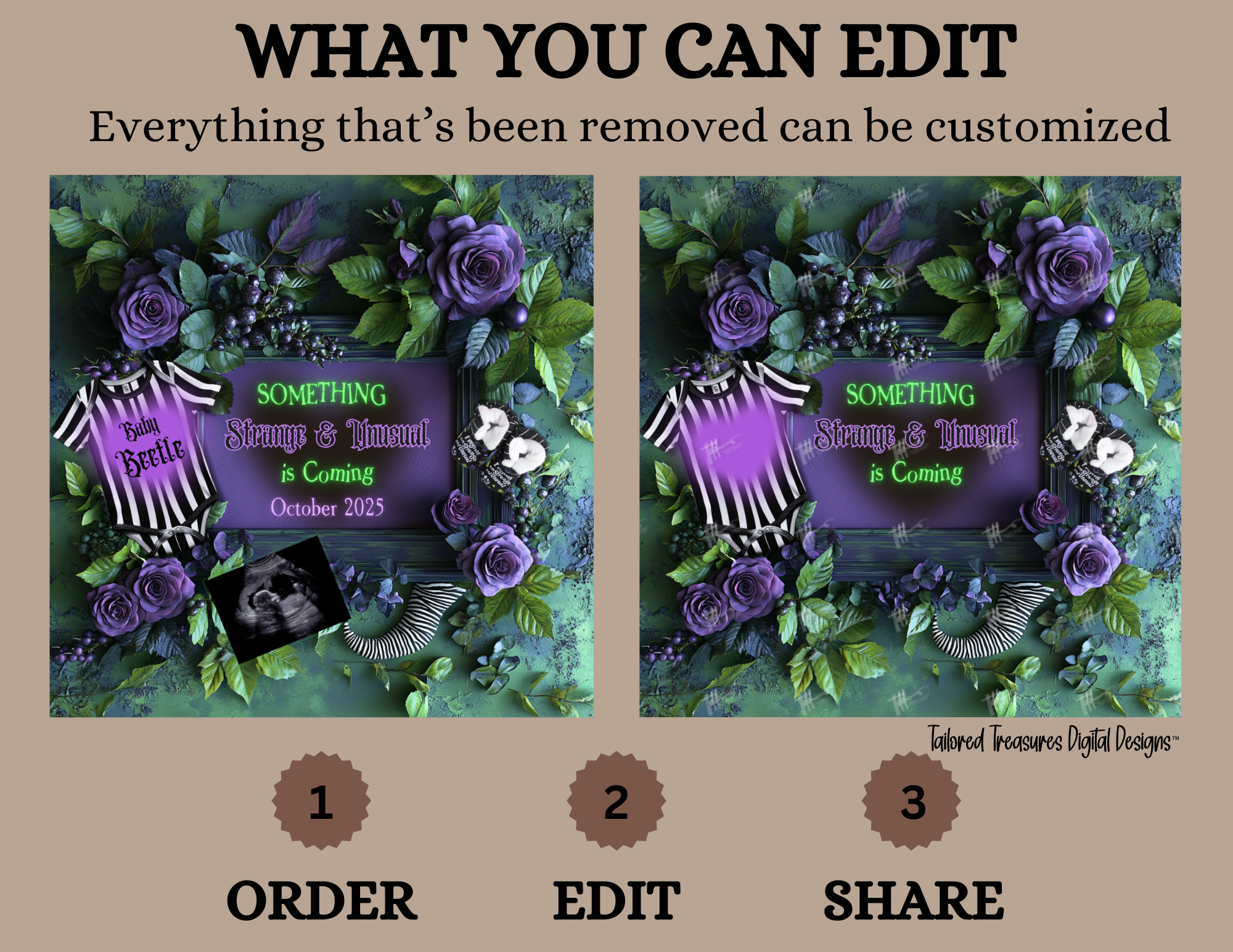 Digital Spooky Pregnancy Announcement, Something Strange & Unusual, Customizable Beetlejuice Themed, Personalized Editable Template TailoredTreasuresDigitalDesigns™