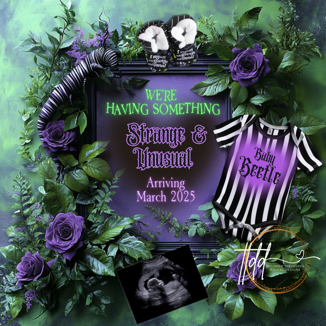 Digital Spooky Pregnancy Announcement, Strange & Unusual, Customizable Beetlejuice Themed, Personalized Editable Template TailoredTreasuresDigitalDesigns™