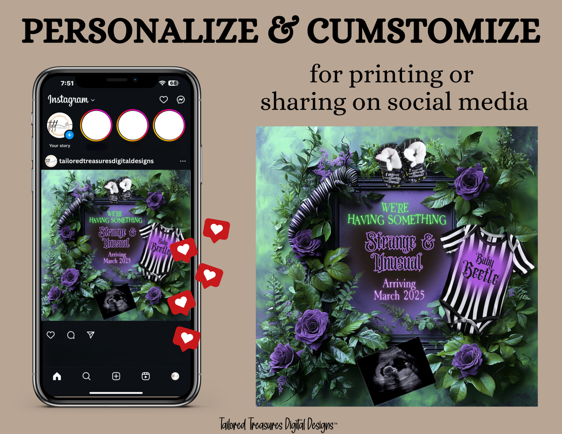 Digital Spooky Pregnancy Announcement, Strange & Unusual, Customizable Beetlejuice Themed, Personalized Editable Template TailoredTreasuresDigitalDesigns™