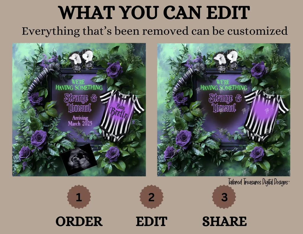 Digital Spooky Pregnancy Announcement, Strange & Unusual, Customizable Beetlejuice Themed, Personalized Editable Template TailoredTreasuresDigitalDesigns™