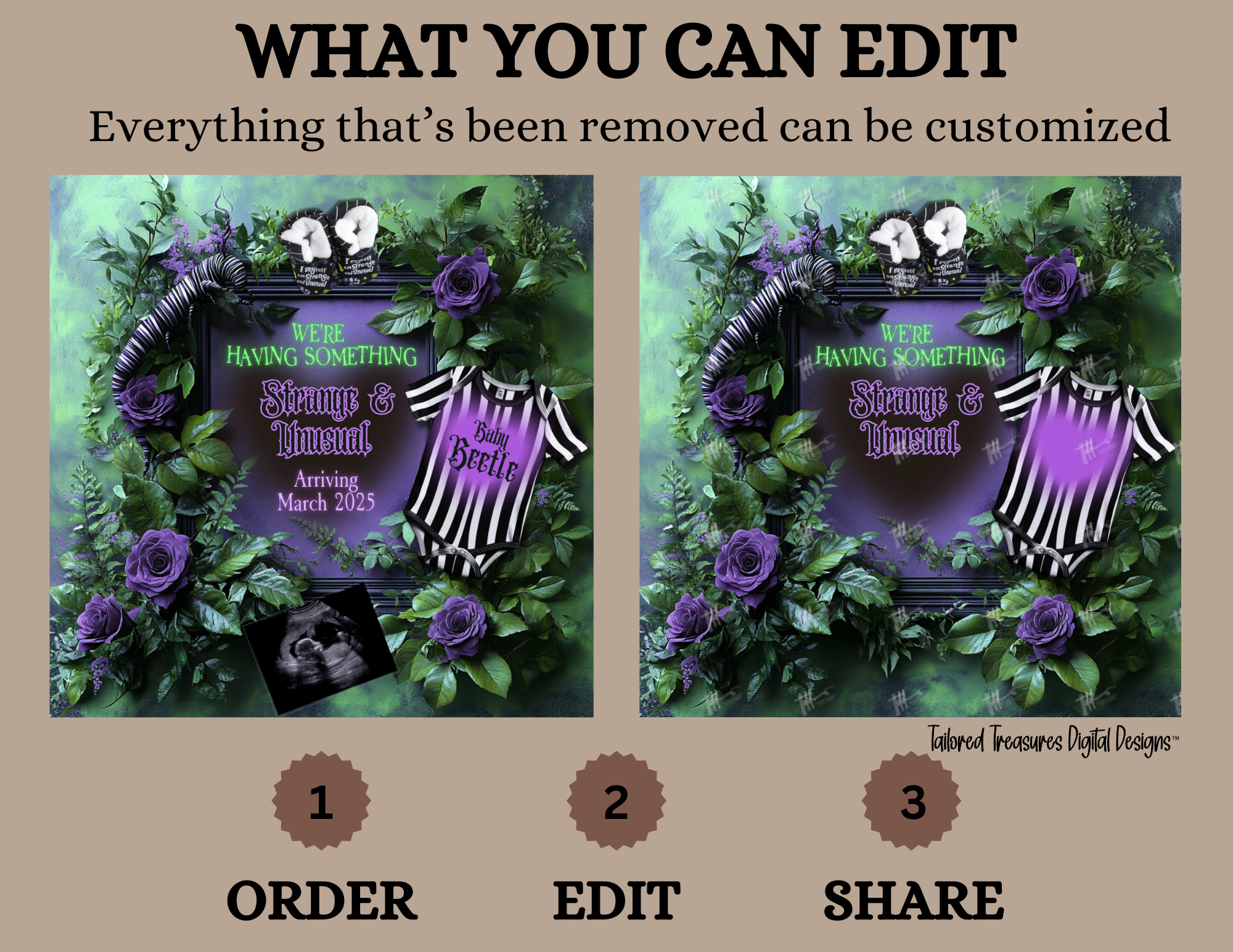 Digital Spooky Pregnancy Announcement, Strange & Unusual, Customizable Beetlejuice Themed, Personalized Editable Template TailoredTreasuresDigitalDesigns™