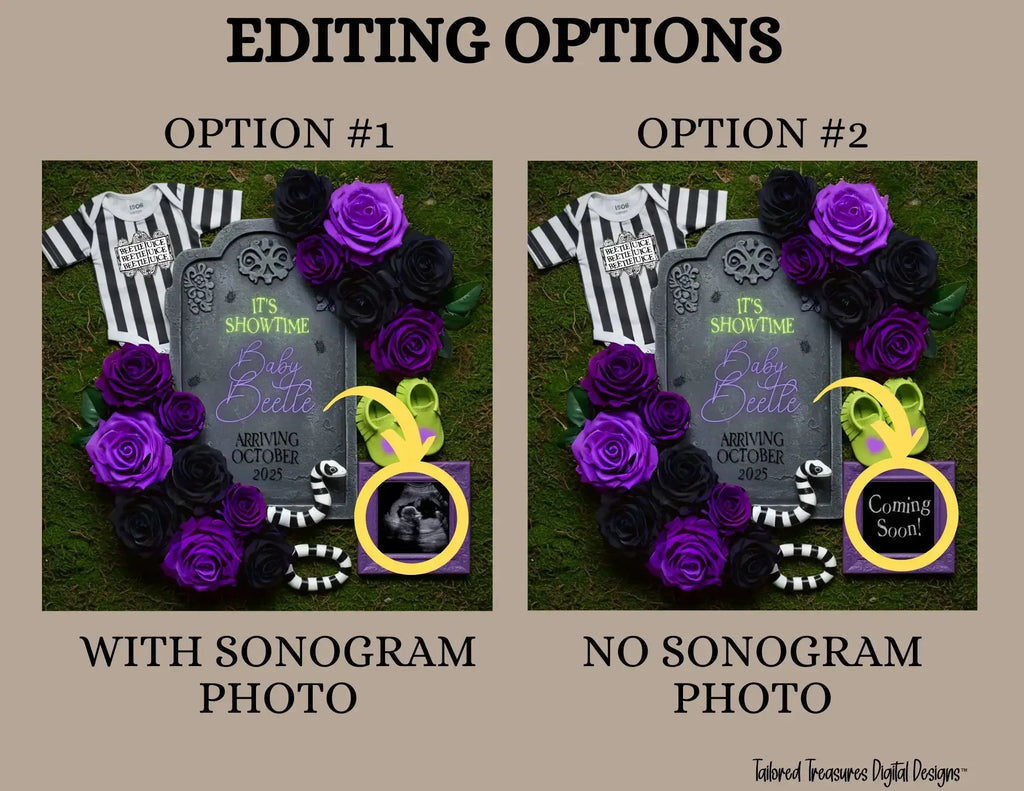 Digital Spooky Pregnancy Announcement, It's Showtime, Customizable Beetlejuice Themed, Personalized Editable Template TailoredTreasuresDigitalDesigns™