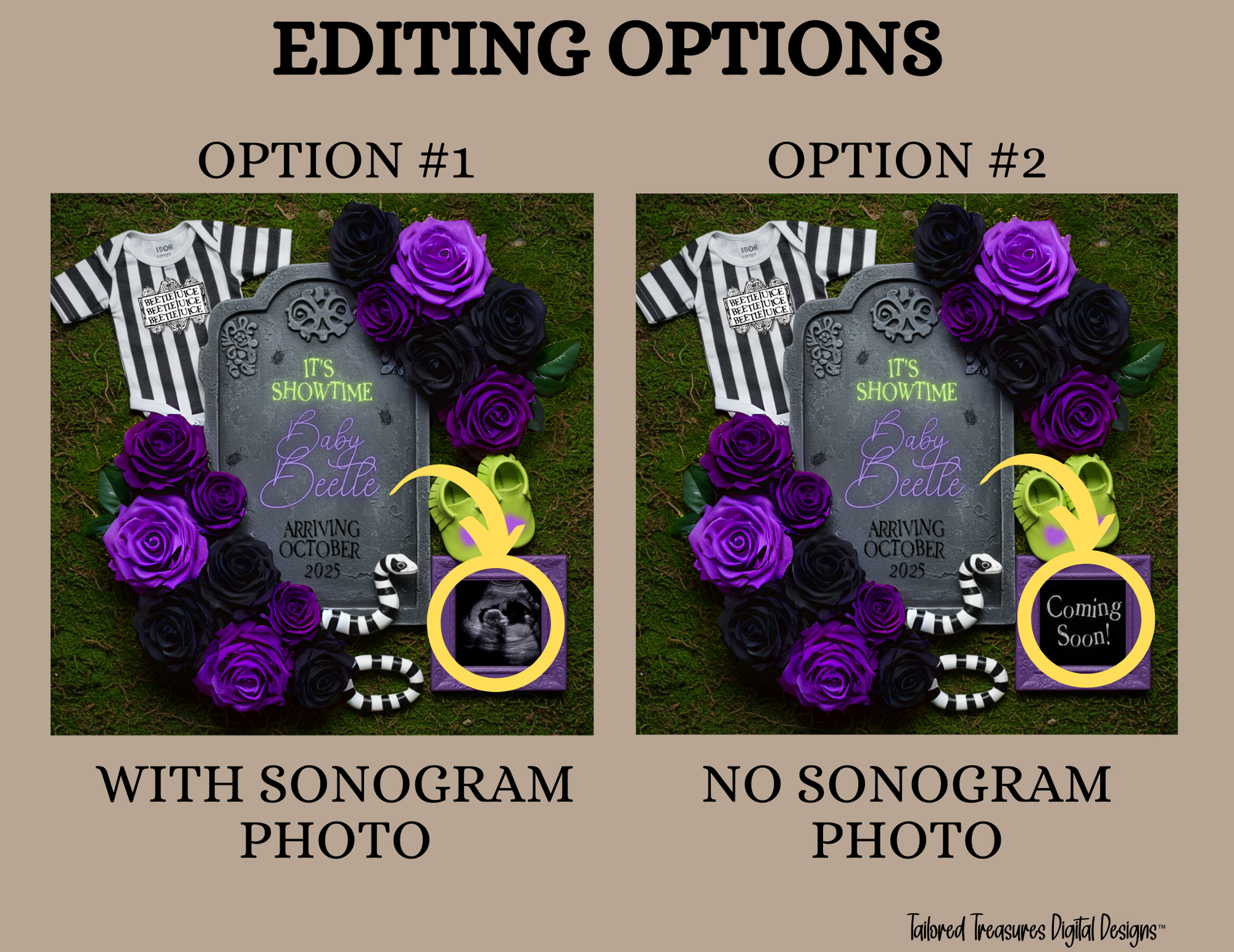 Digital Spooky Pregnancy Announcement, It's Showtime, Customizable Beetlejuice Themed, Personalized Editable Template TailoredTreasuresDigitalDesigns™