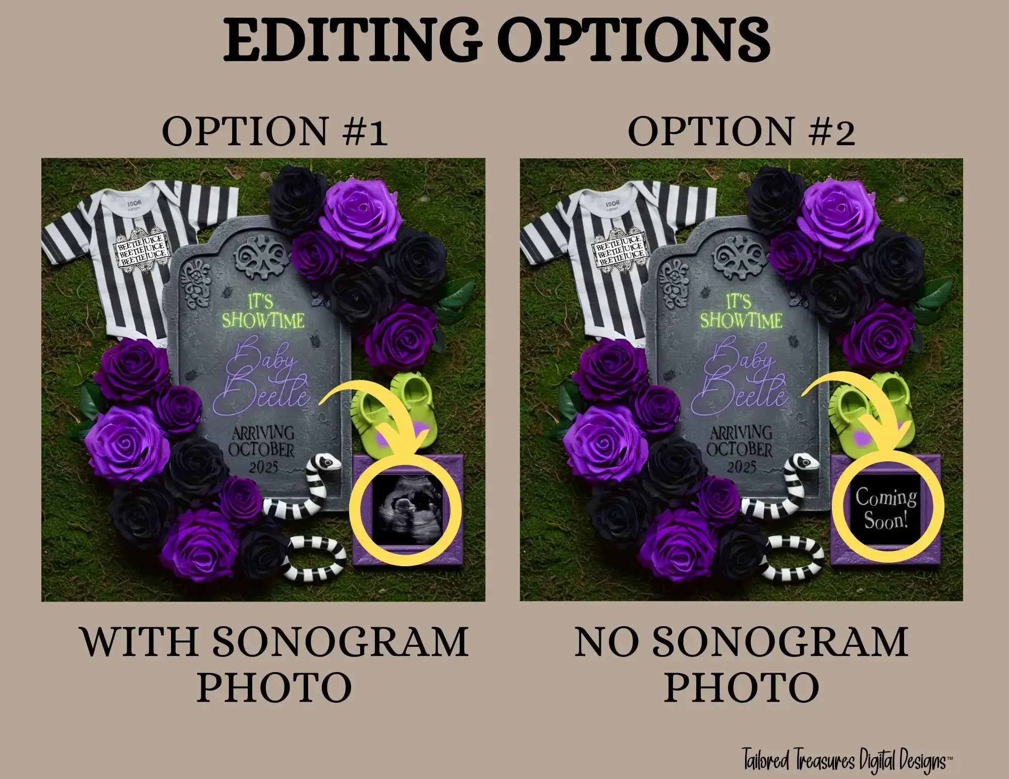 Digital Spooky Pregnancy Announcement, It's Showtime, Customizable Beetlejuice Themed, Personalized Editable Template TailoredTreasuresDigitalDesigns™