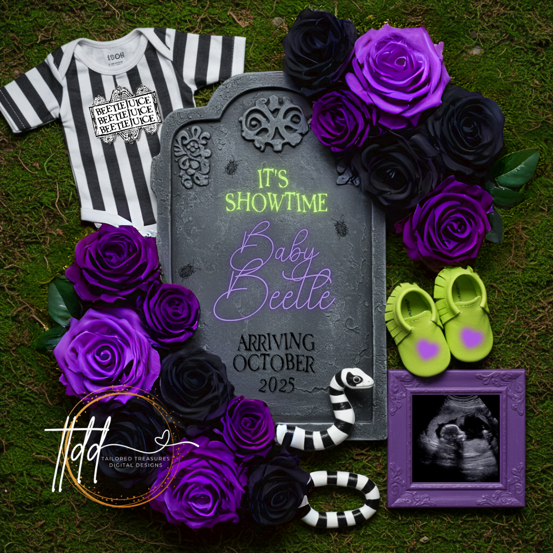 Digital Spooky Pregnancy Announcement, It's Showtime, Customizable Beetlejuice Themed, Personalized Editable Template TailoredTreasuresDigitalDesigns™