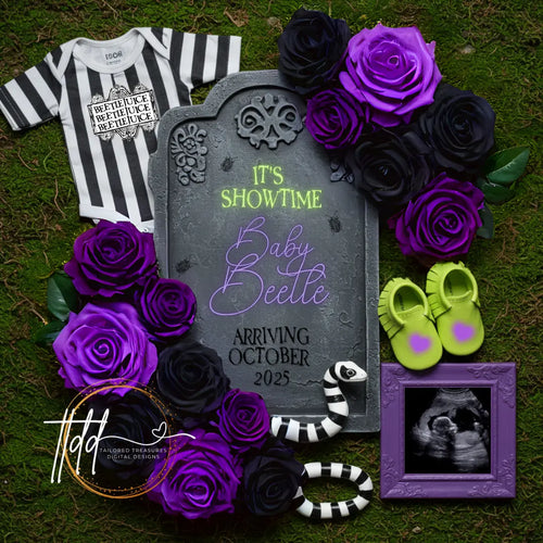 Digital Spooky Pregnancy Announcement, It's Showtime, Customizable Beetlejuice Themed, Personalized Editable Template TailoredTreasuresDigitalDesigns™