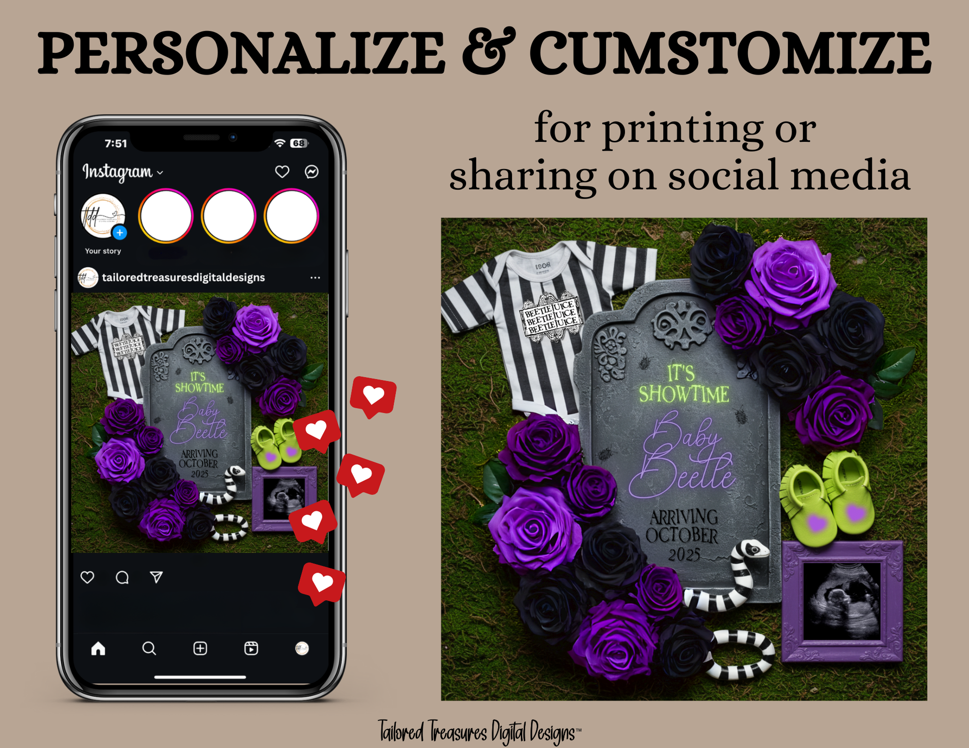 Digital Spooky Pregnancy Announcement, It's Showtime, Customizable Beetlejuice Themed, Personalized Editable Template TailoredTreasuresDigitalDesigns™